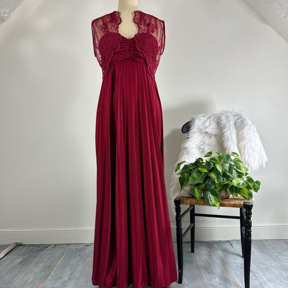 Stunning Vintage 70s Raspberry Red Pleated Lace Jacket Maxi Dress Bolero